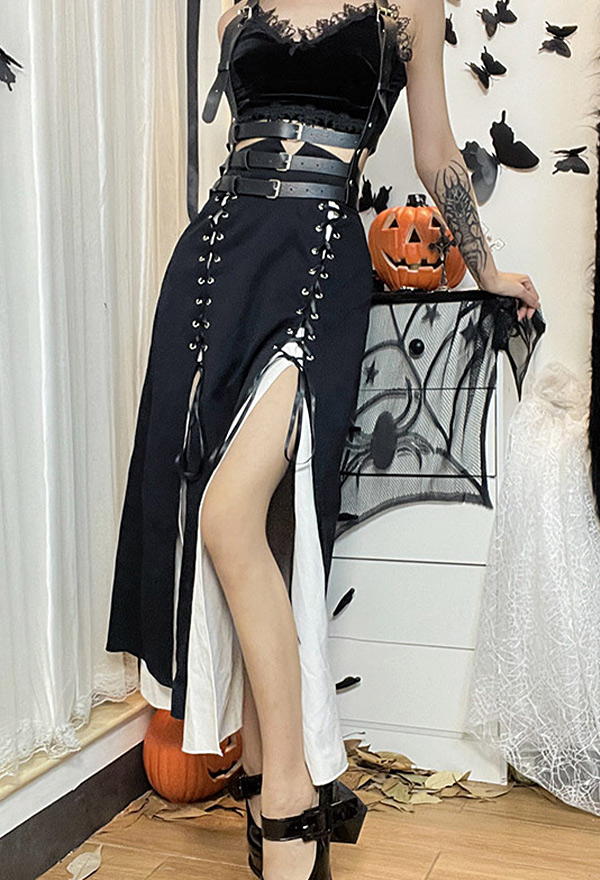 Women Gothic Emo Girl Black White High Waist Lace-up Double-Slit Long Skirt