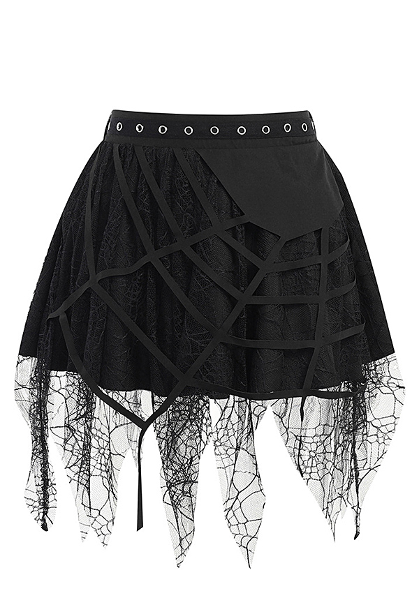 Women Mall Goth Black Spiderweb Print Punk Style Irregular Lace Hem Mini Skirt