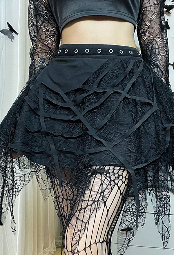 Women Mall Goth Black Spiderweb Print Punk Style Irregular Lace Hem Mini Skirt
