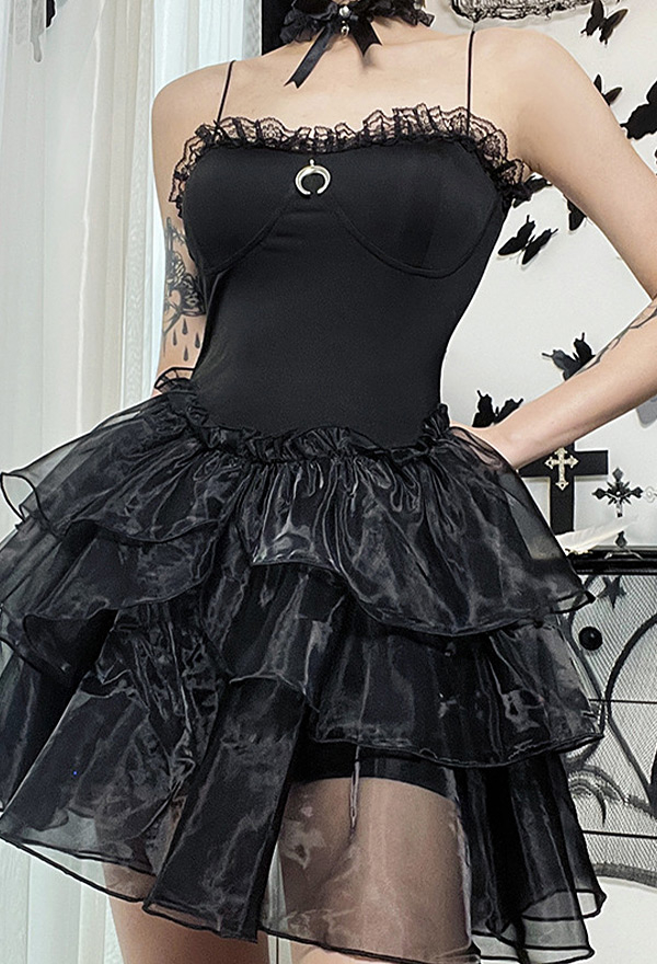 Women Gothic Black Lace Hem Grunge Sling Tutu Dress