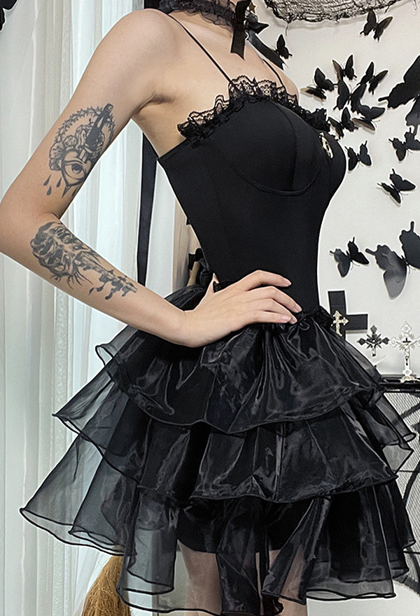 Women Gothic Black Lace Hem Grunge Sling Tutu Dress