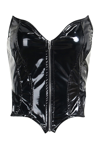 Women Gothic Emo Girl Black Shiny Leather Front Zipper Tube Top