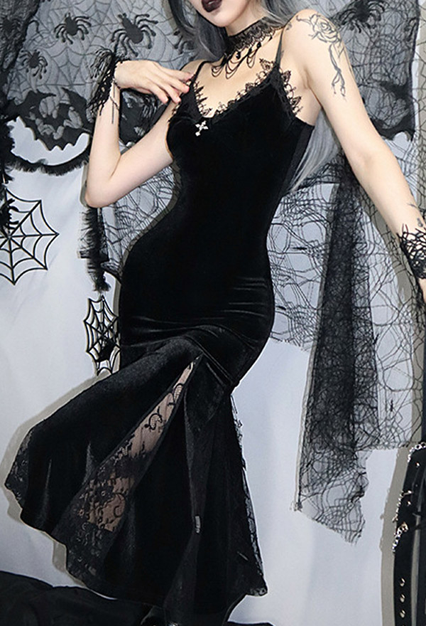 Women Gothic Vampire Black V Neck Lace Slit Long Slim Bridal Mermaid Dress