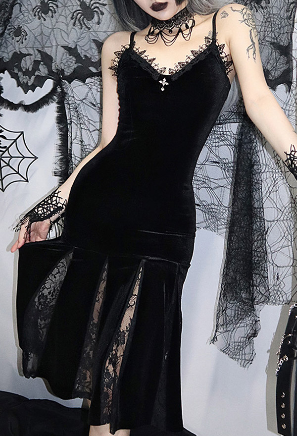 Women Gothic Vampire Black V Neck Lace Slit Long Slim Bridal Mermaid Dress