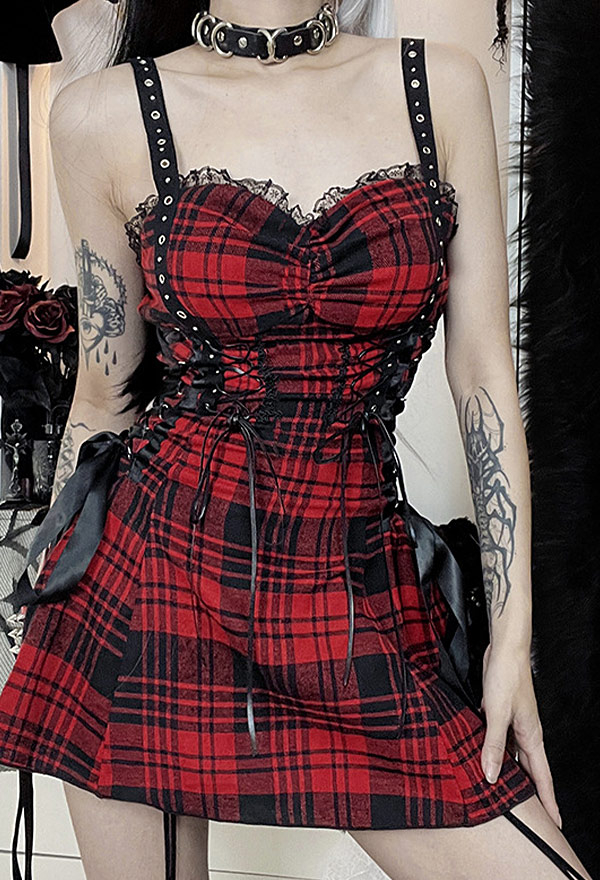 Women Grunge Aesthetic Plaid Pattern V Neck Lace-up A-Line Mini Dress