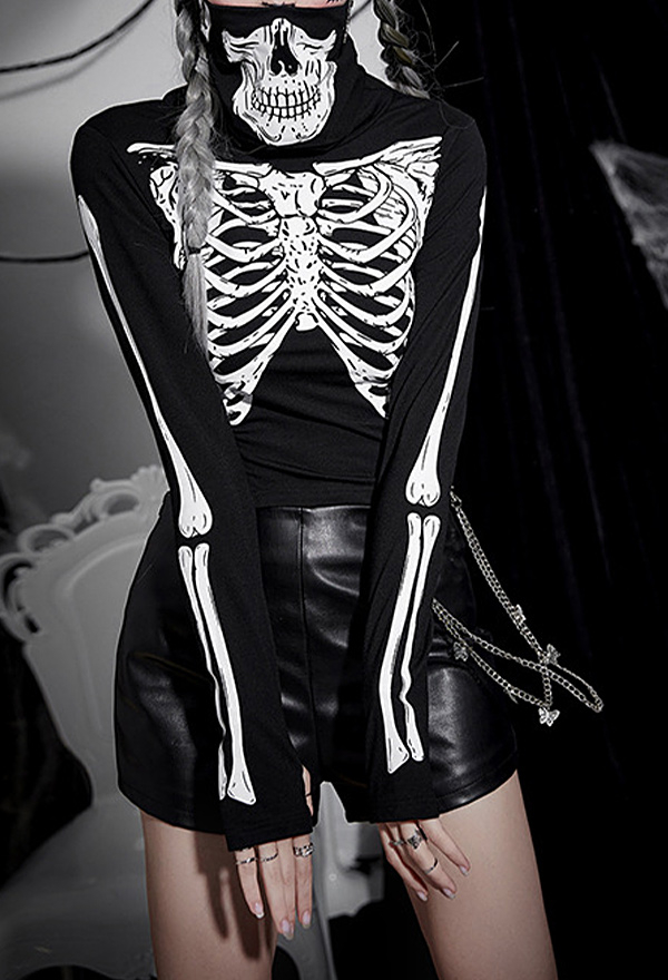 Halloween Women Gothic Black Skeleton Print High Collar Long Sleeves Crop Top