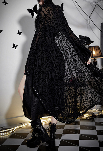 Halloween Women Gothic Black Sheer Floral Print Hooded Cloak