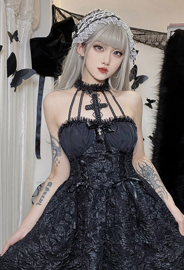 Women Gothic Black Halter Backless Cross Decroated Floral Pattern Print Mini Dress