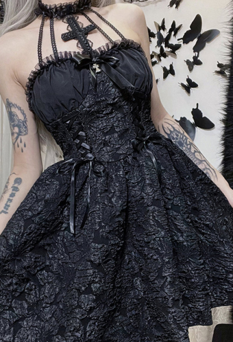 Women Gothic Black Halter Backless Cross Decroated Floral Pattern Print Mini Dress