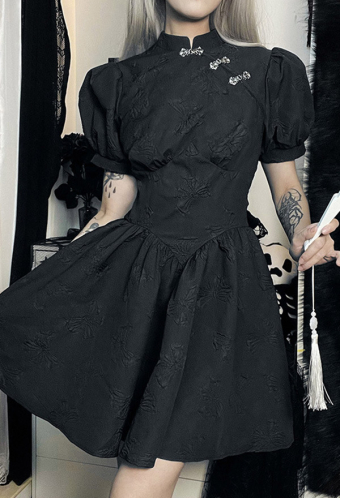 Women Gothic Black Cheongsam Style High Collar Short Puff Sleeves A-Line Mini Dress
