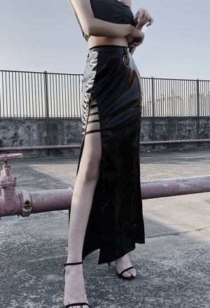 Women Gothic Black High Slit High Waist Long Shiny PU Skirt