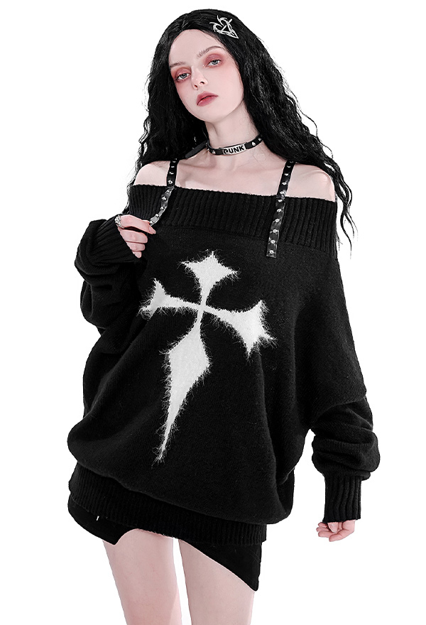 Women Gothic Punk Off-Shoulder Cross Pattern Oversize Sweater for Spring Autumn