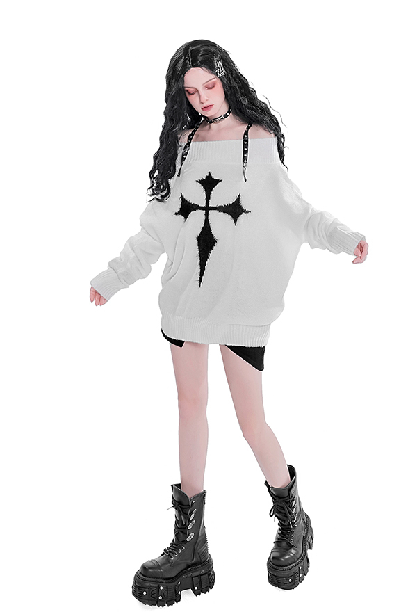Women Gothic Punk Off-Shoulder Cross Pattern Oversize Sweater for Spring Autumn