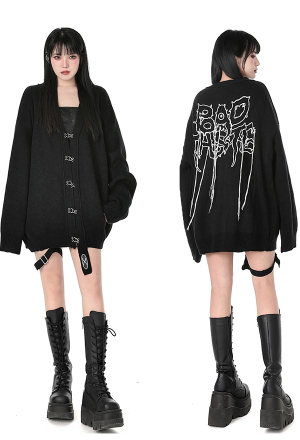 Bad Taste Women Gothic Black Letter Tassel Embroidery Buckle-up Oversize Cardigan