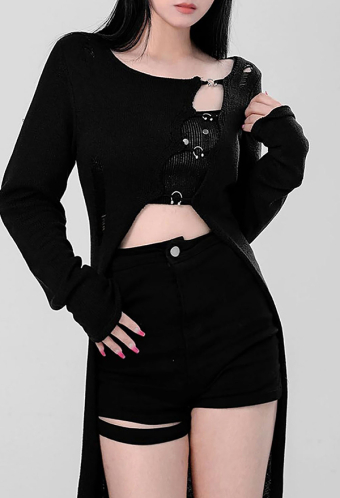 Women Gothic Black High Slit Ripped Buckle-up Long Cardigan