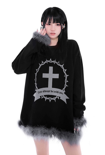 Women Gothic Black Round Neck Fluffy Hem Thorns Cross Pattern Oversize Sweatershirt