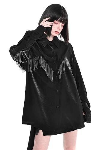 Women Gothic Black Glitter Metal Tassel Decorated Buckle-up Oversize Shirt