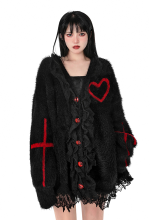 Women Gothic Black Heart Cross Print Red Rhinestone Buckels Lace Hem Plush Oversize Cardigan
