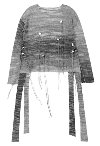Women Grunge Gradient Gray Transparent Star Long Tassel Decorated Sweater