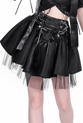 Women Grunge Metallic Shiny High-Waisted Lace Hem Layered Puff Mini Skirt