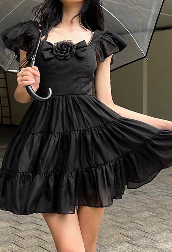 Women Gothic Black Square Collar Rose Decorated A-Line Cake Mini Dress