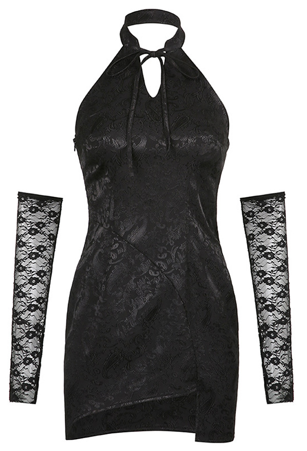 Women Gothic Black Halter Cheongsam Collar Irregular Hem Floral Pattern Dress