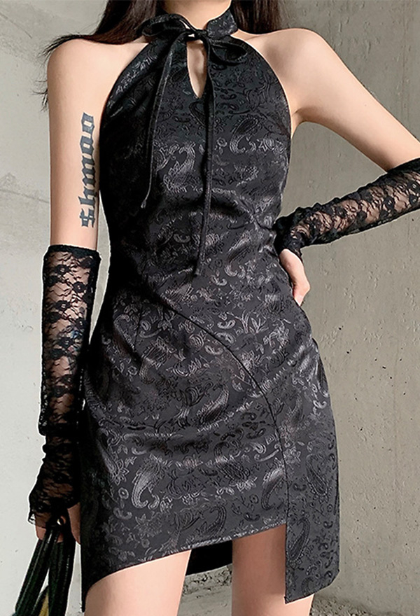 Women Gothic Black Halter Cheongsam Collar Irregular Hem Floral Pattern Dress