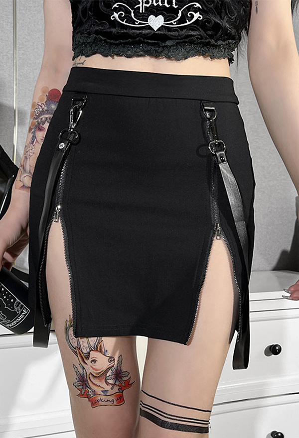 Women Gothic Black Double Zipper Leather Band Decorated Bodycon Tube Skirt