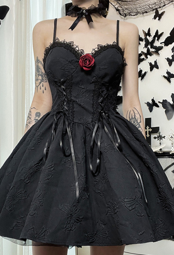 Women Gothic Black Lace-up Lace Hem Floral Pattern Sling Mini Cake Dress