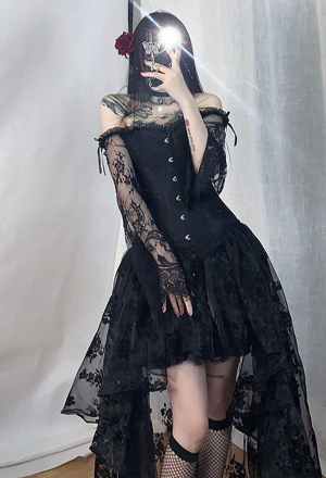 Women Gothic Emo Black Off-Shoulder Lace Floral Patter Corset Top Layered Mini Skirt Set
