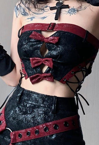 Women Y2K E-Girl Black Red Cutout Lace-up Bowknot Decorated Adjustable Bandeau Top