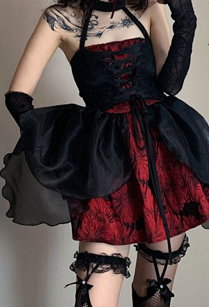 Butterly Dimension Women Gothic Black Red Halter Lace-up Floral Pattern Layered Tutu Mini Dress