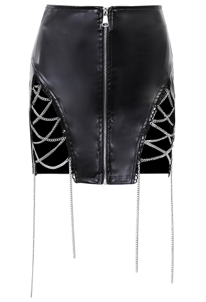 Women Gothic Emo Black Front Zipper High Slit Chain Decorated Leather Bodycon Tube Skirt