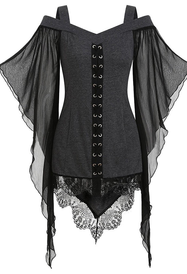 Women Vintage Gothic Vampire Cold-Shoulder Bat Sleeves Irregular Lace Hem Lace-up Top