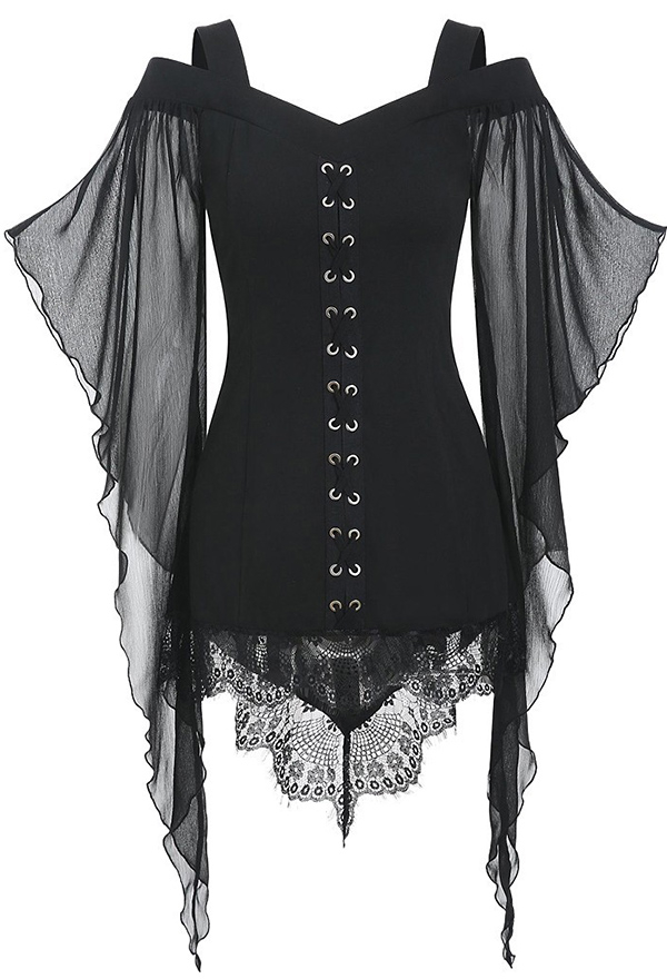 Women Vintage Gothic Vampire Cold-Shoulder Bat Sleeves Irregular Lace Hem Lace-up Top