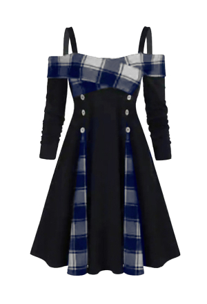Women Vintage Gothic Patchwork Off-Shoulder Long Sleeves Plaid Buckles Decorated Midi Dress