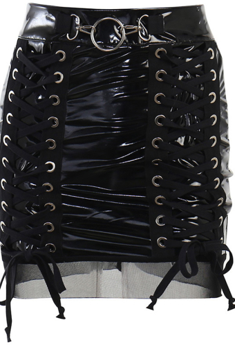 Women Gothic Punk Black Lace-up Metal Ring Decorated PU Bodycon Tube Skirt