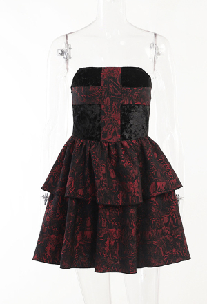 Women Gothic Vampire Black Red Floral Pattern A-Line High Waist Tube Mini Dress