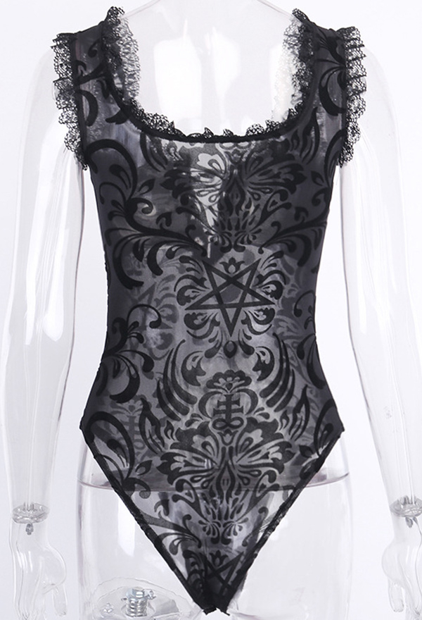 Women Gothic Black Mesh Sheer Floral Pattern Lace Hem Bodysuit Top