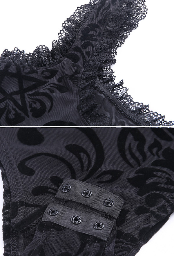 Women Gothic Black Mesh Sheer Floral Pattern Lace Hem Bodysuit Top