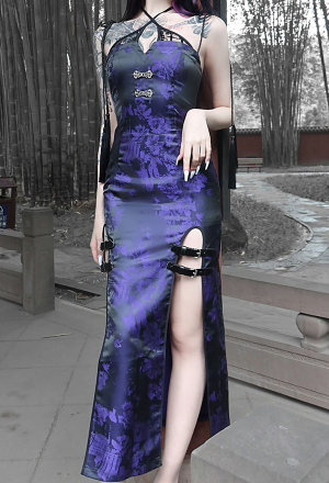 Lavender Ninja Women Gothic Purple Cheongsam Style Halter V Neck High Slit Floral Pattern Slip Dress