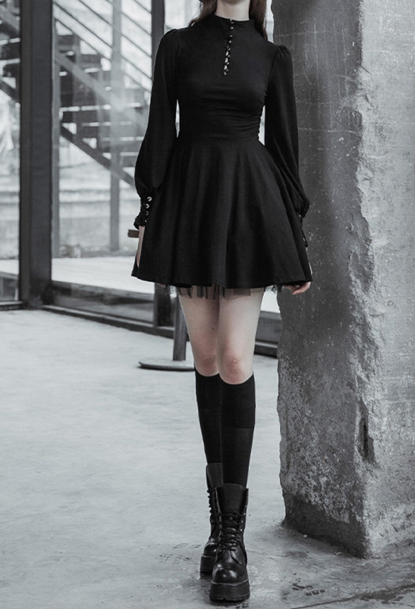 Women Gothic Emo Black High Collar Buckle-up Long Puff Sleeves A-Line Mini Dress