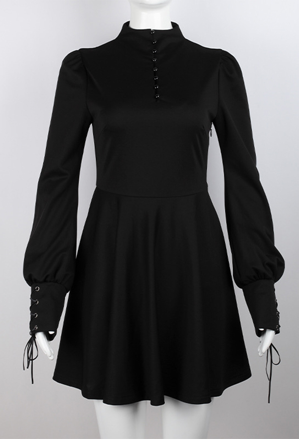 Women Gothic Emo Black High Collar Buckle-up Long Puff Sleeves A-Line Mini Dress