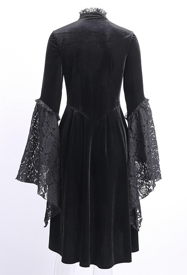 Women Gothic Vampire Vintage Black High Collar Cutout Trumpet Sleeve High-Waist High Low Dress