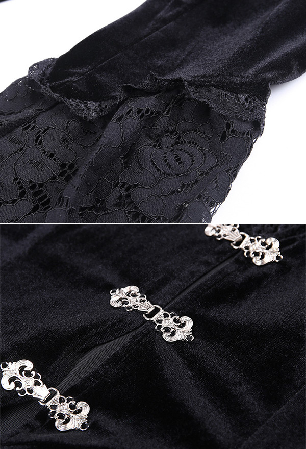 Women Gothic Vampire Vintage Black High Collar Cutout Trumpet Sleeve High-Waist High Low Dress