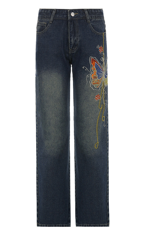 Grunge Women Y2K Vintage Hot Low-Waist Butterfly Embroidery Distressed Straight Leg Denim Jeans