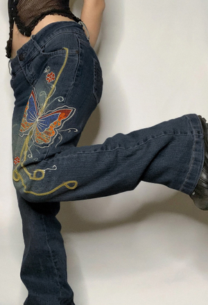Grunge Women Y2K Vintage Hot Low-Waist Butterfly Embroidery Distressed Straight Leg Denim Jeans