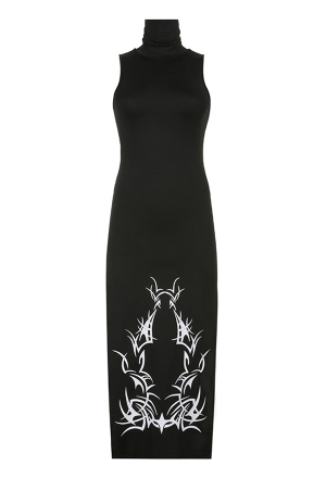 Women Gothic Black Turtle Neck Sleeves High Slit Bodycon Dress