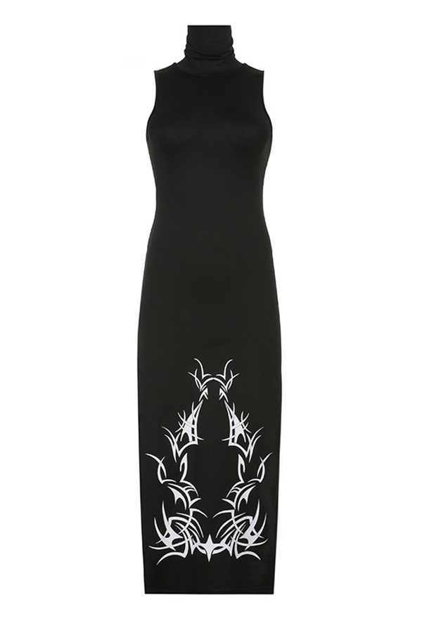 Women Gothic Black Turtle Neck sleeveless High Slit Bodycon Dress