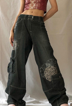 Grunge Women Y2K Vintage Hot Low-Waist Floral Print Loose Denim Jeans
